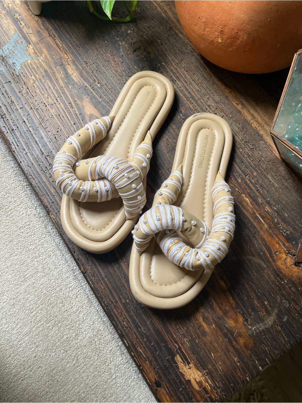 Beige PU PrettyLittleThing Pearl Detail Strap Sandals 39